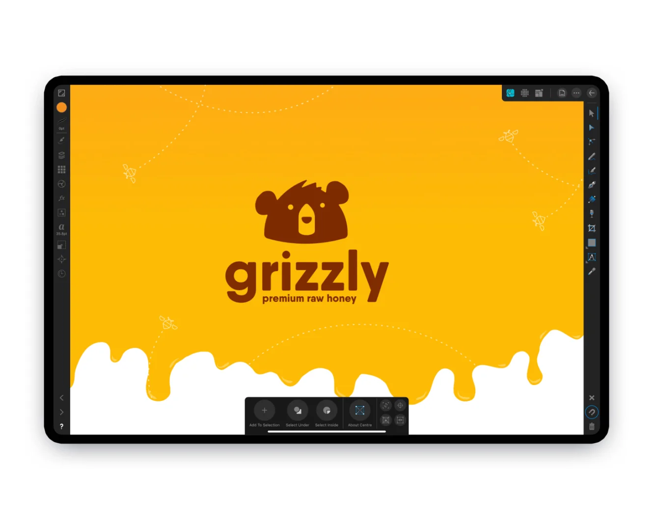An iPad Pro displaying various logo concepts for 'Grizzly Honey' in white on a black background. The designs include a stylized bear head icon and bold, rounded typography in multiple configurations.