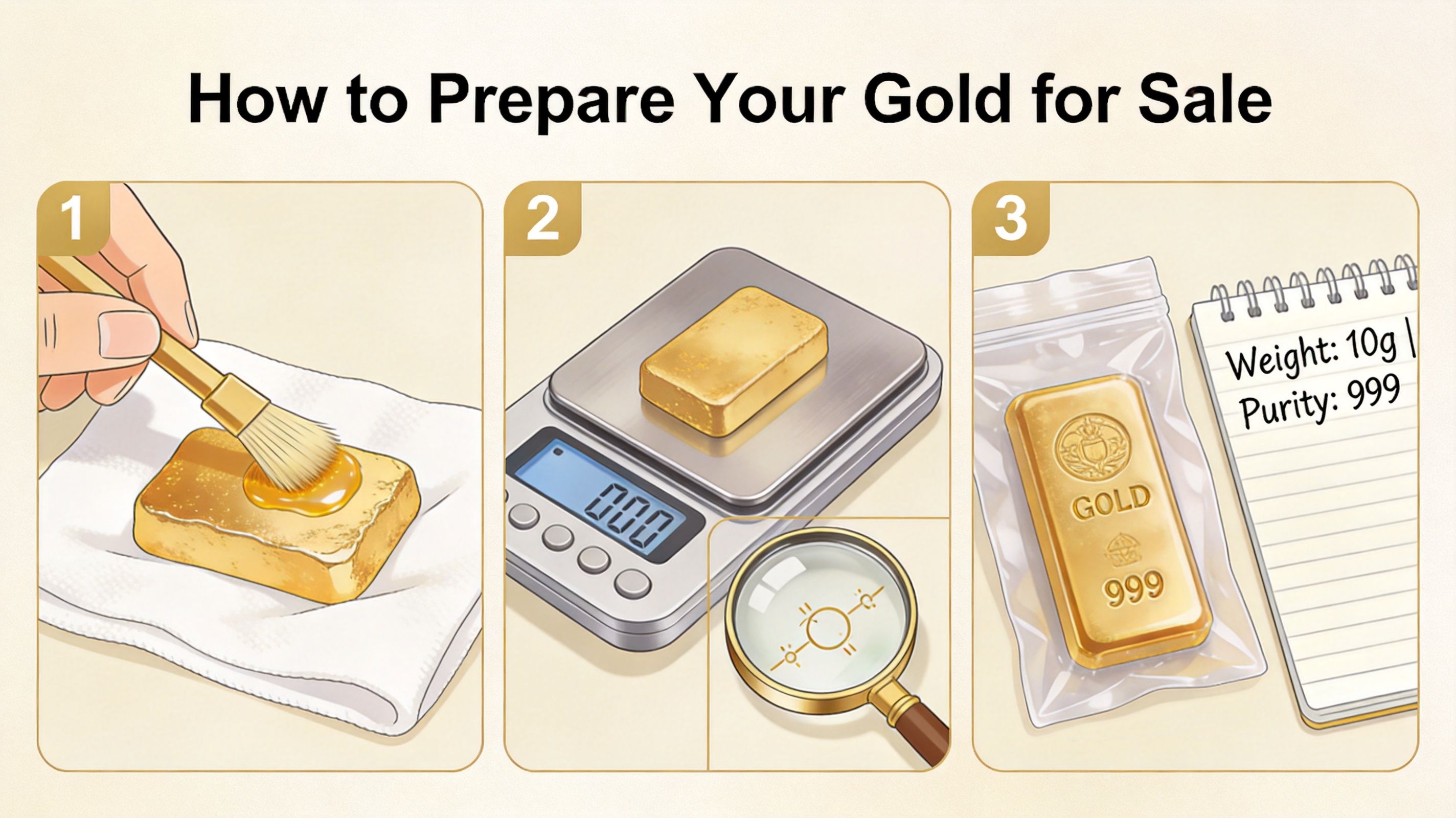 A three-step guide illustrating how to clean, weigh, and document gold for sale.