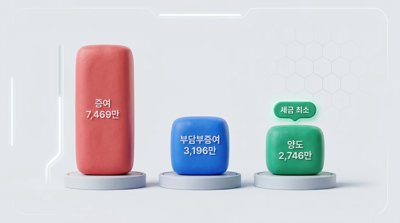취득세 포함 최종 비교: 증여 7,469만, 부담부증여 3,196만, 양도 2,746만(세금 최소)