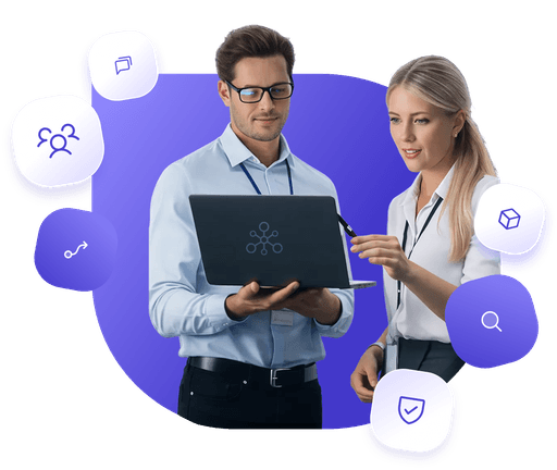 Two business professionals reviewing cybersecurity data on a laptop, surrounded by security and compliance icons.