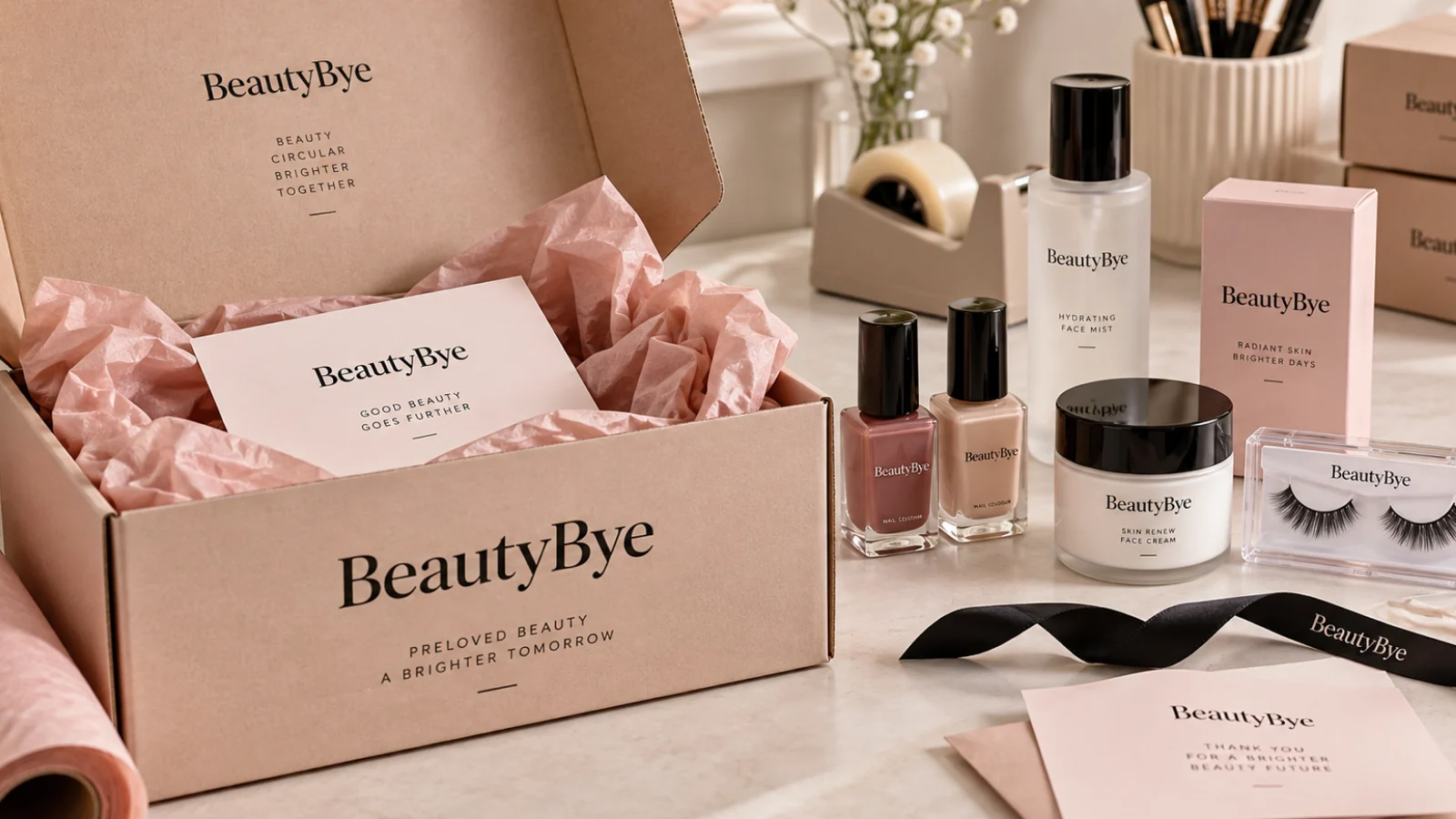 BeautyBye nail products arranged beside an open resale parcel on a neutral packing table