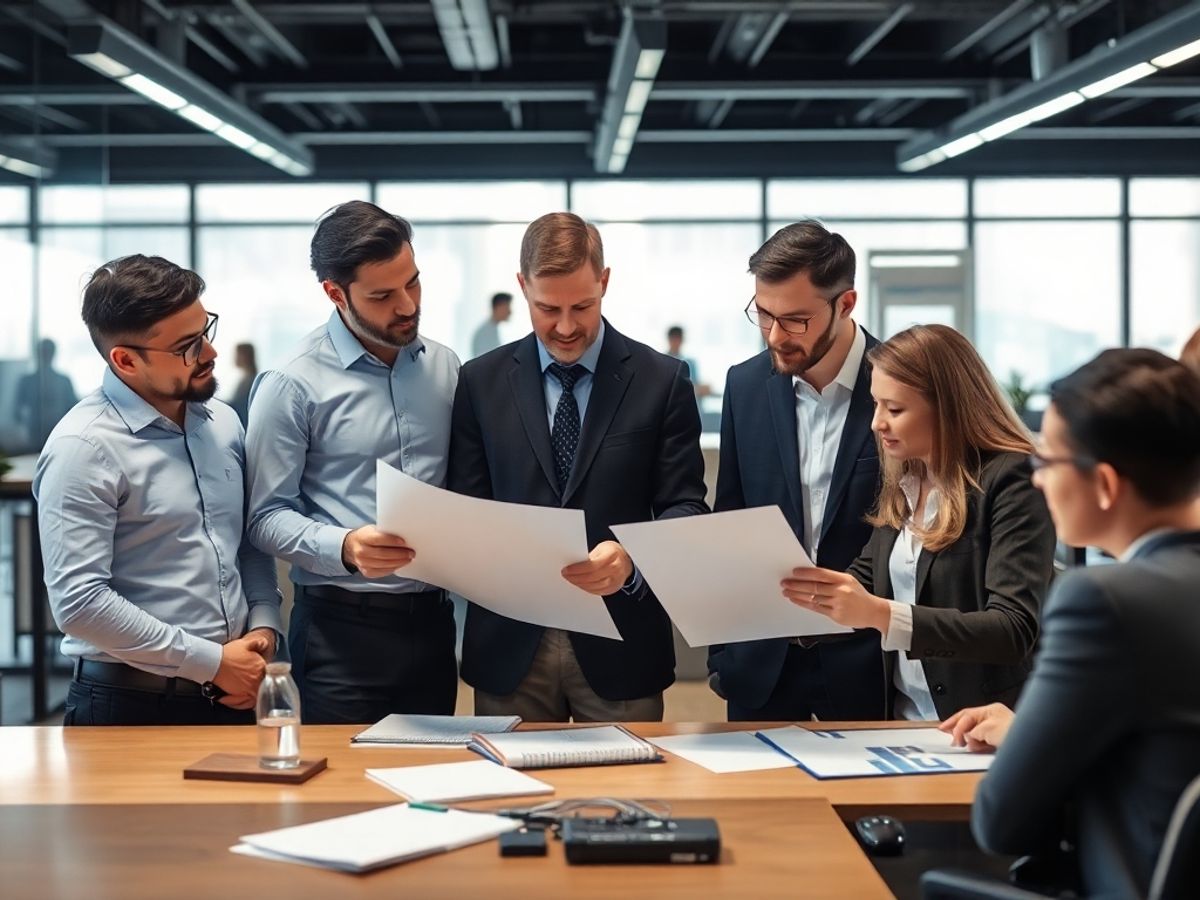 Professionals discussing AI in a corporate office setting.