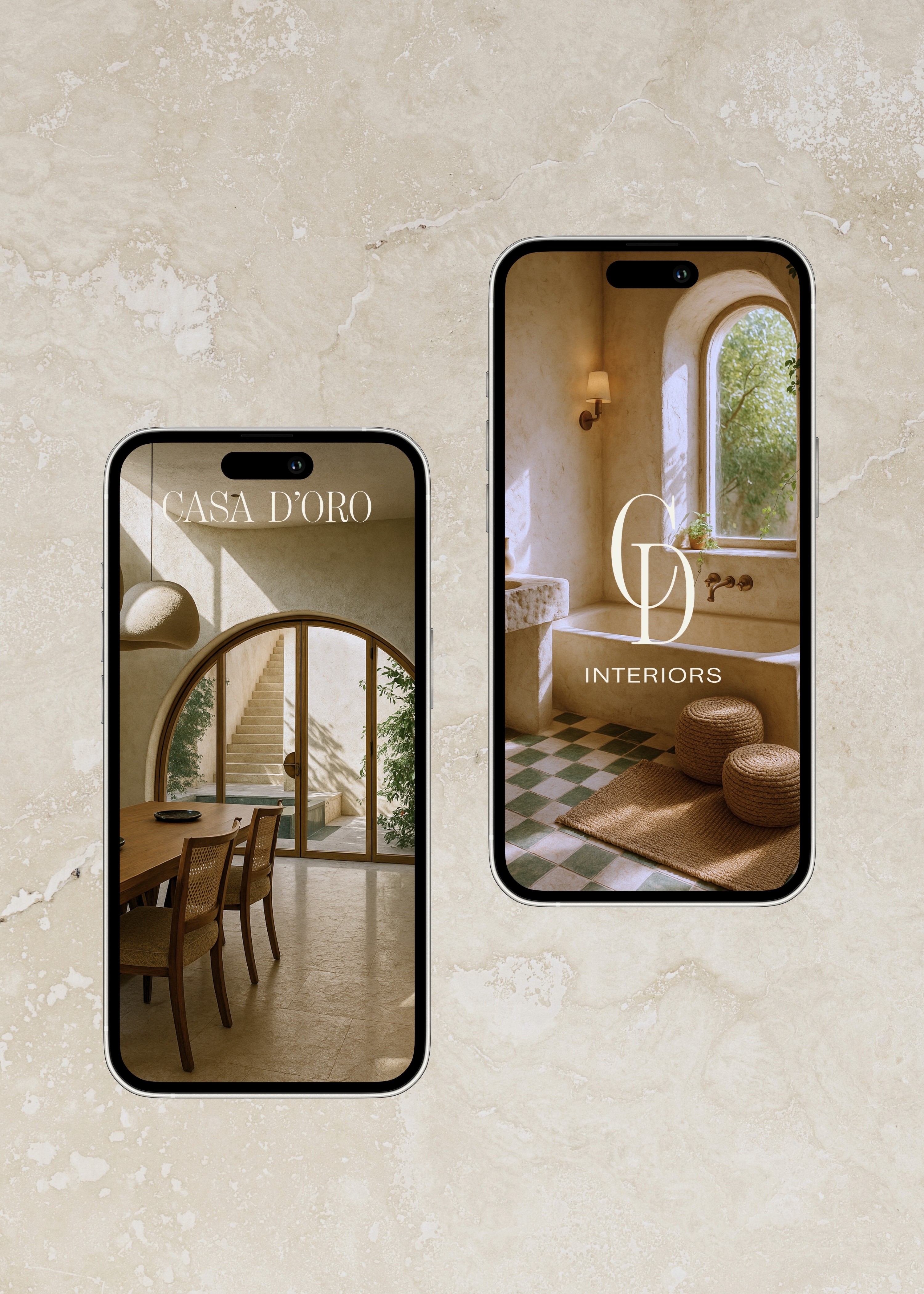 Casa D’Oro Interiors brand identity preview showing mobile mockups of Mediterranean-inspired interior photography and logo design.