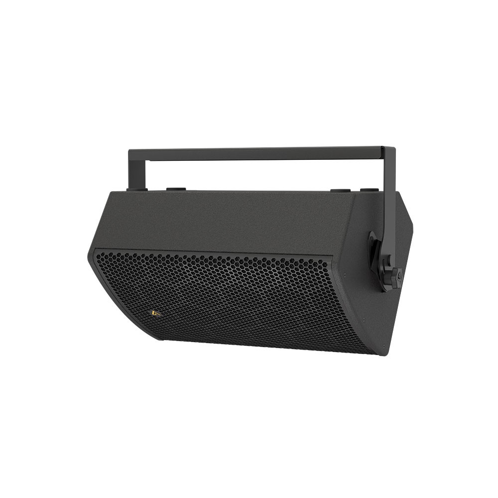 Black speaker suspended by a mounting bracket