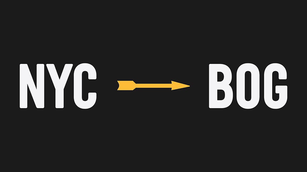 The image shows the letters "NYC" on the left side and a yellow arrow pointing to the right, followed by the letters "BOG" on the right side, all in white against a black background.