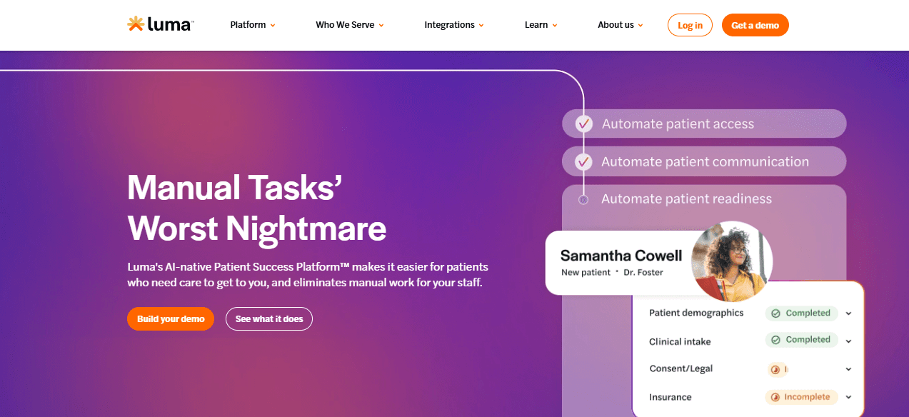Homepage screenshot of Luma Health showing the hero section and navigation bar