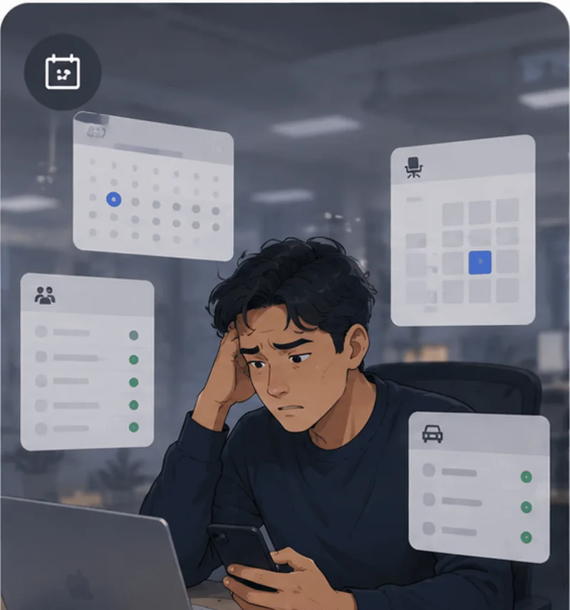 A tired employee juggling a calendar, a desk map and a parking list on floating screens