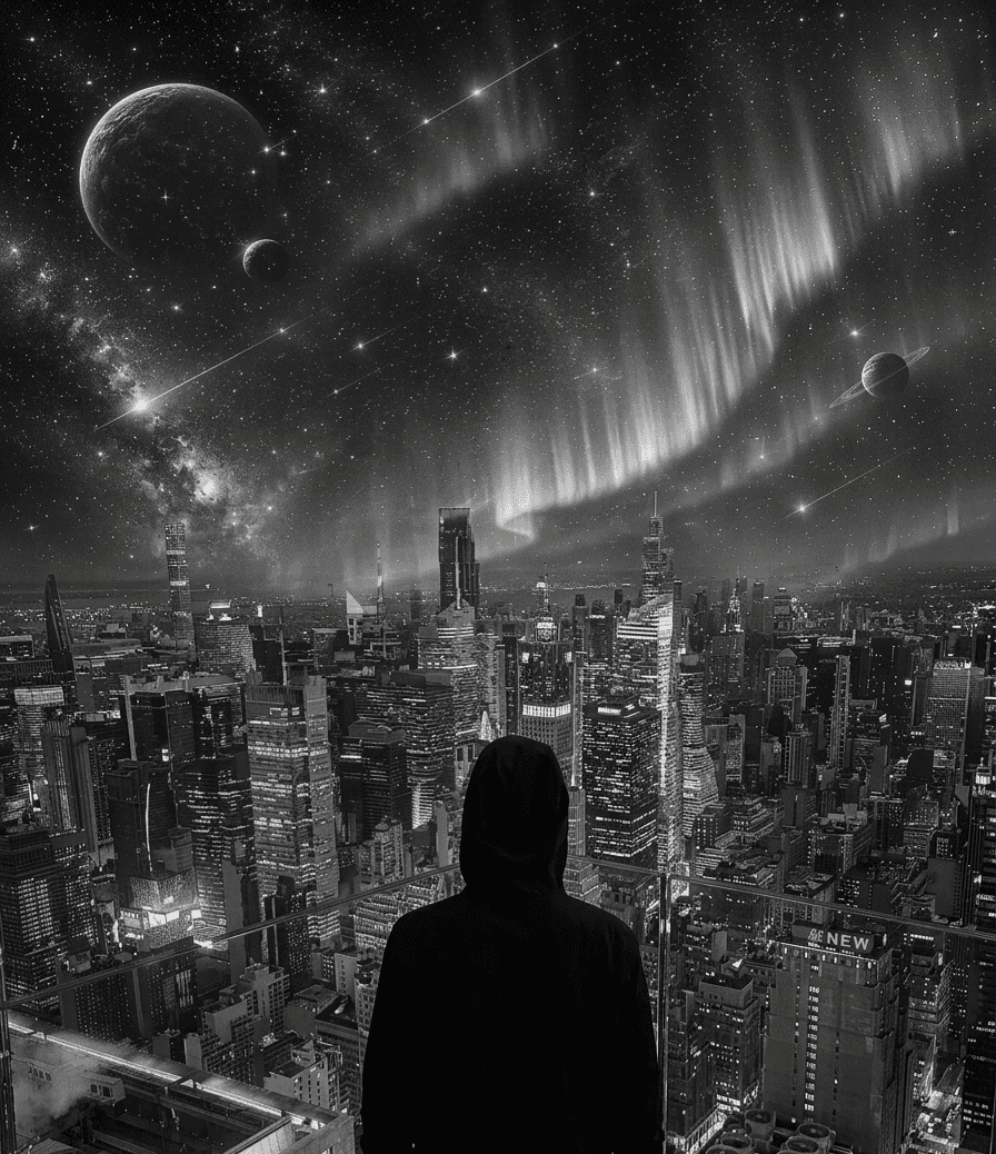Hermoso in a surreal cosmic Manhattan visual
