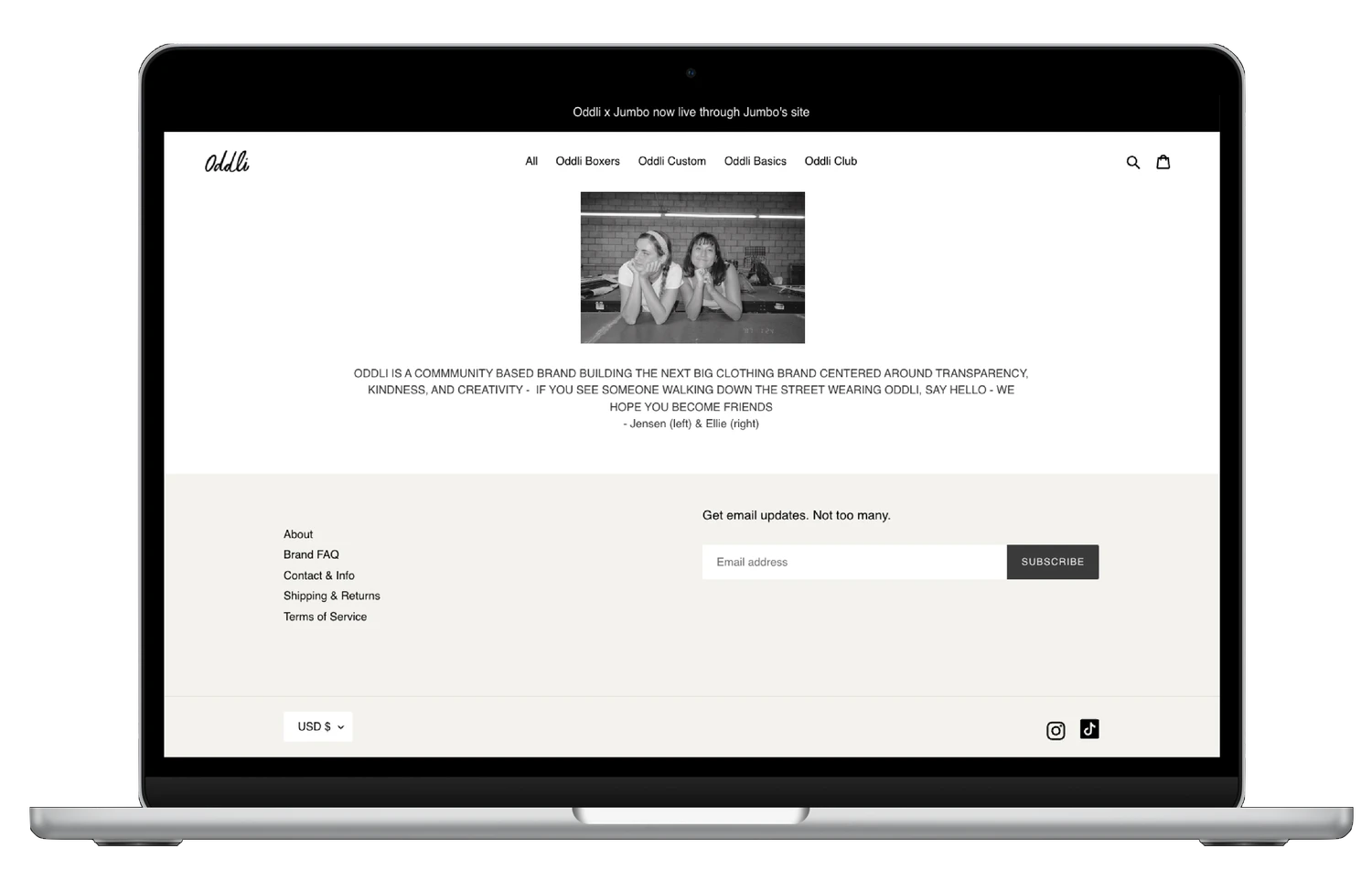 Original About page with black and white photo, brand story text, newsletter signup, and minimalist layout on white background