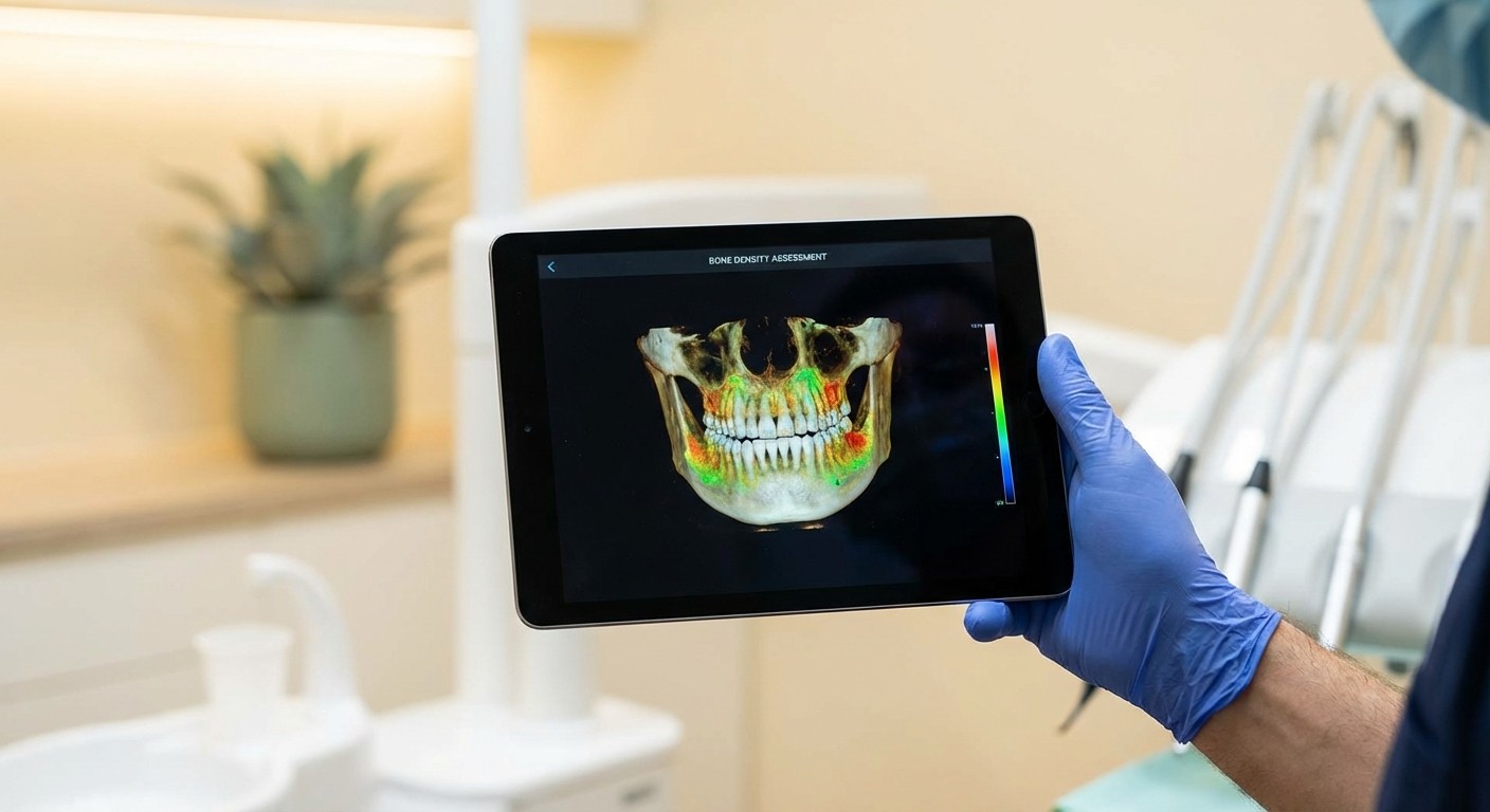 Dentist reviewing a 3D CBCT jaw scan on a tablet to assess bone density before All-on-4 implant placement