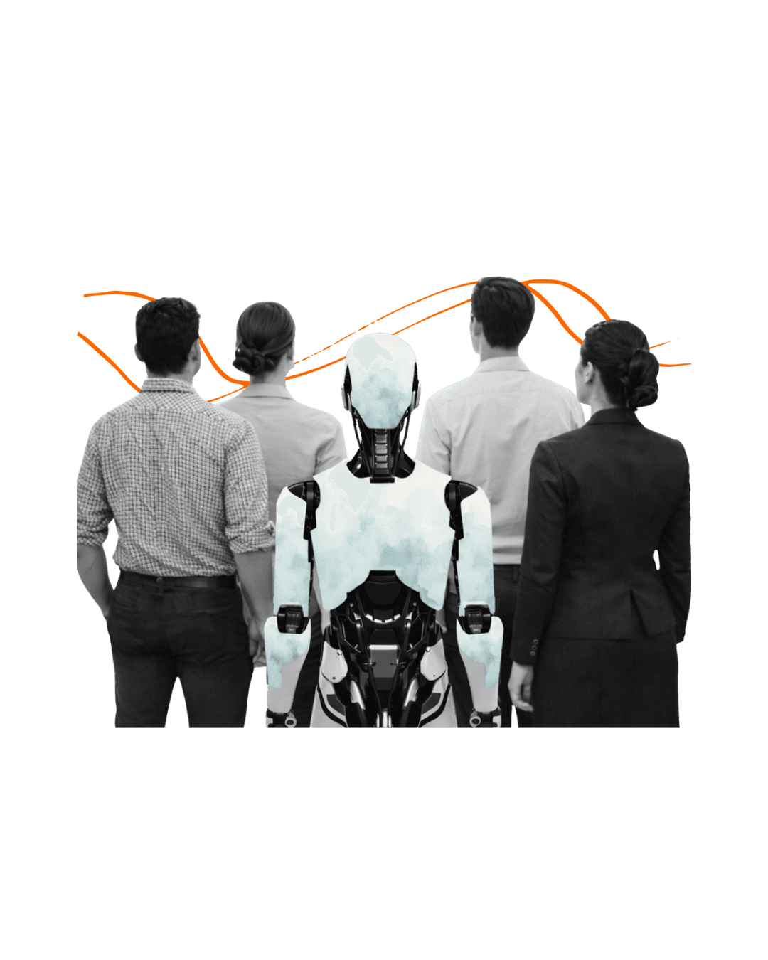 robot in mezzo ad una folla di persone che gli danno le spalle