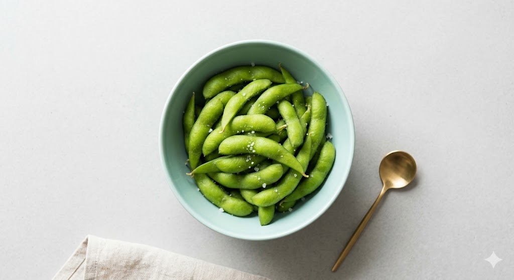 A top-down view of bright green steamed edamame pods sprinkled with coarse sea salt, served in a clean, modern mint-blue ceramic bowl on a light grey textured background, next to a gold spoon and linen napkin.