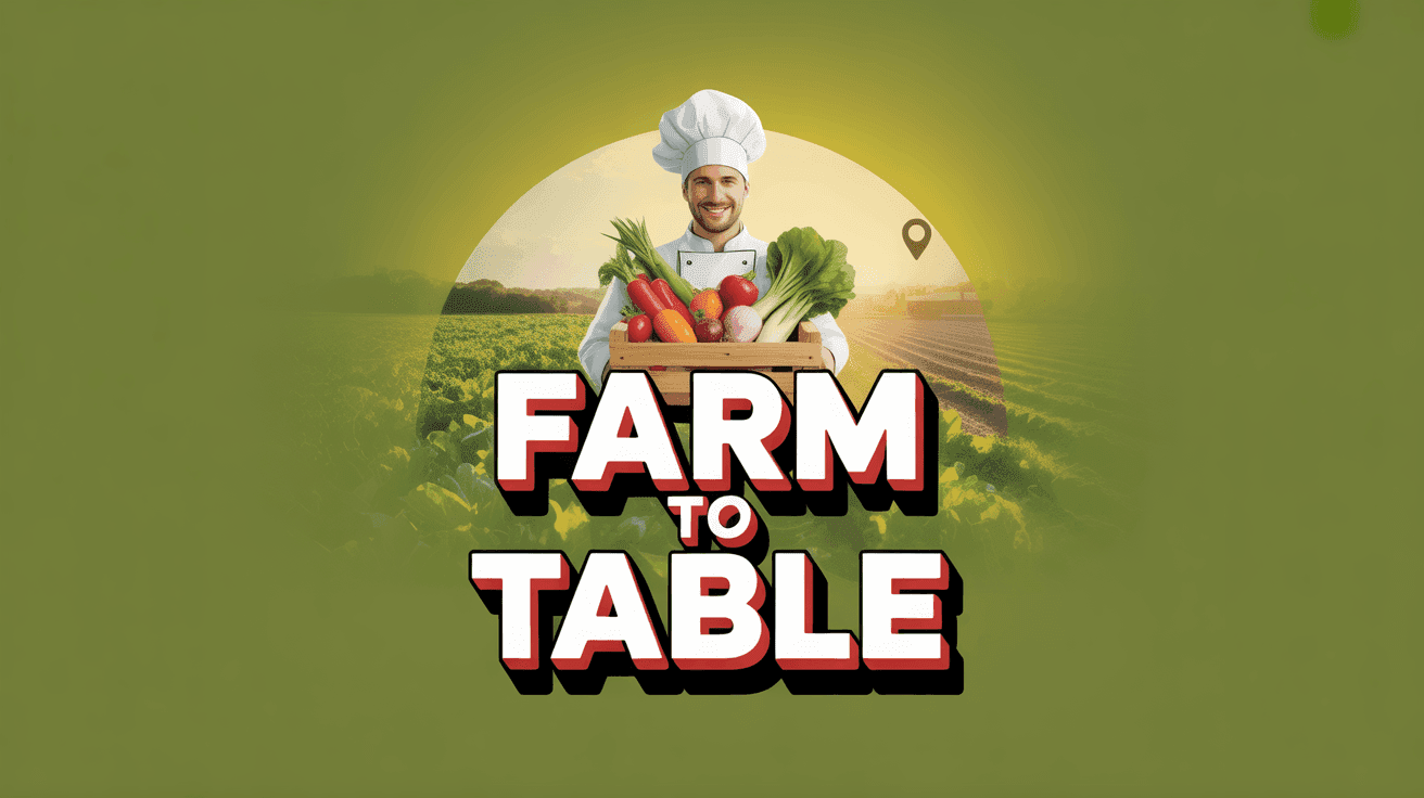 Farm-to-Table Harvest Thumbnail Template featuring chef holding crate of fresh vegetables with farm background and location marker overlay