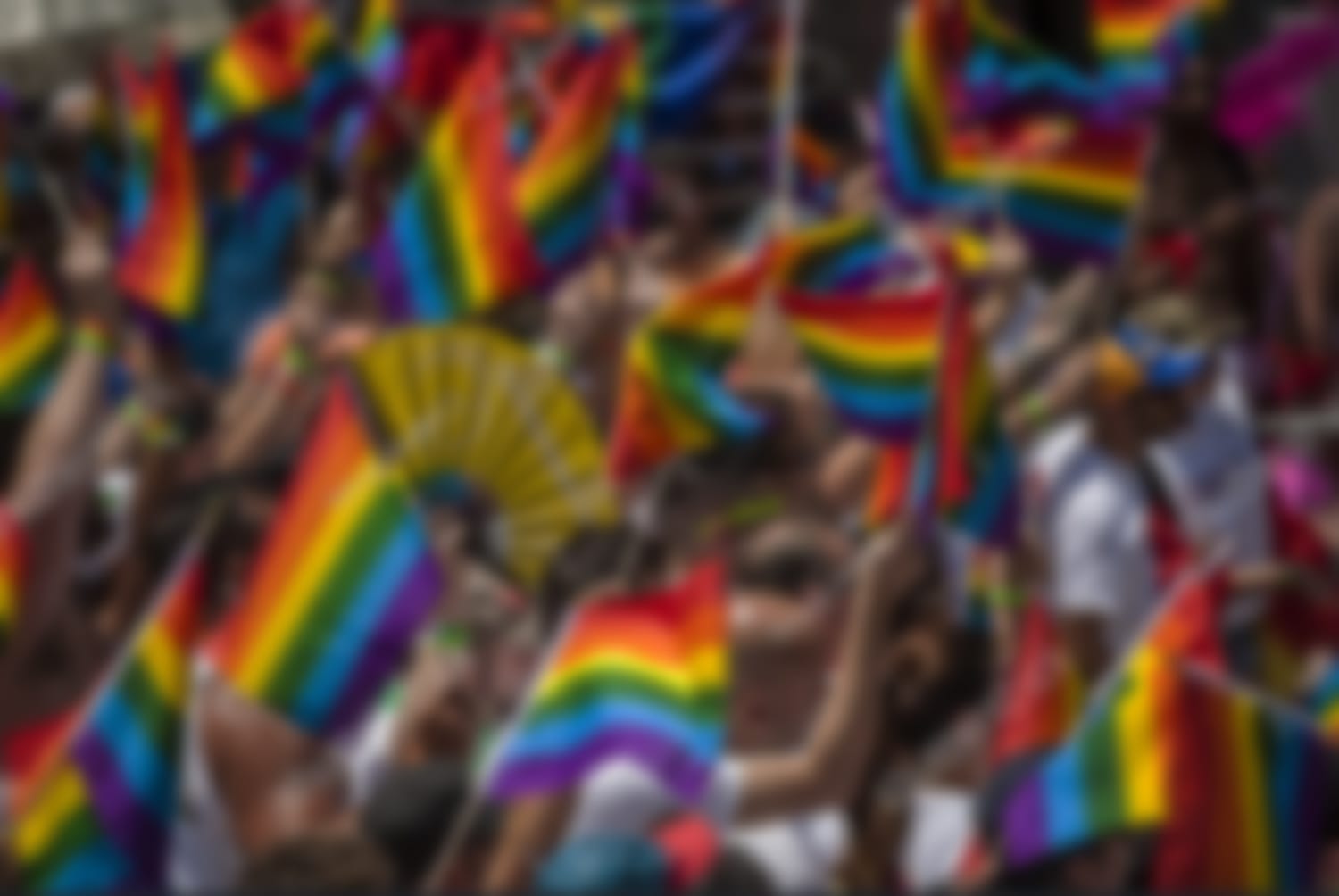 A large crowd waves rainbow pride flags at an outdoor event, celebrating LGBTQ+ pride. The scene is colourful and energetic, with many flags visible in the crowd.