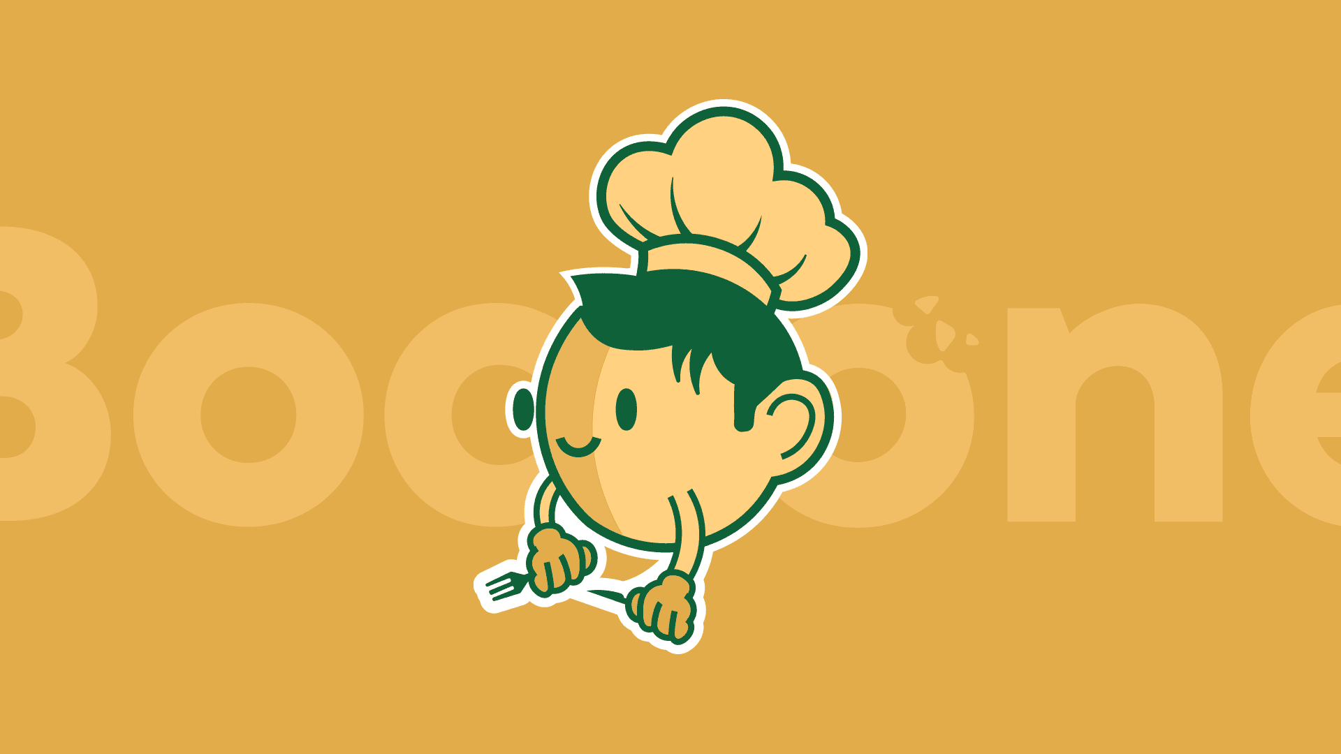 Boccone Café mascot illustration featuring a cheerful yellow character with a green hat on a solid yellow background.