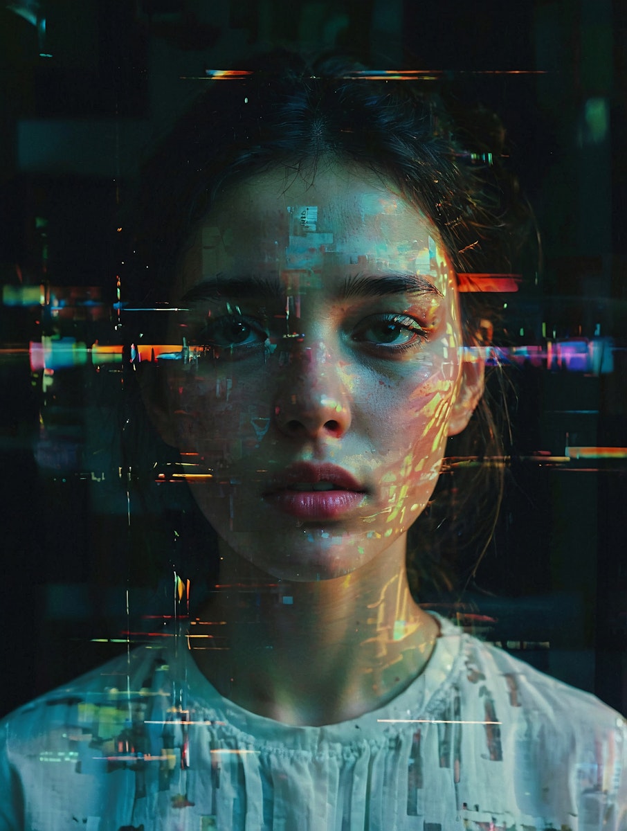 A young person with a neutral expression is illuminated by colorful lights in a dimly lit setting.