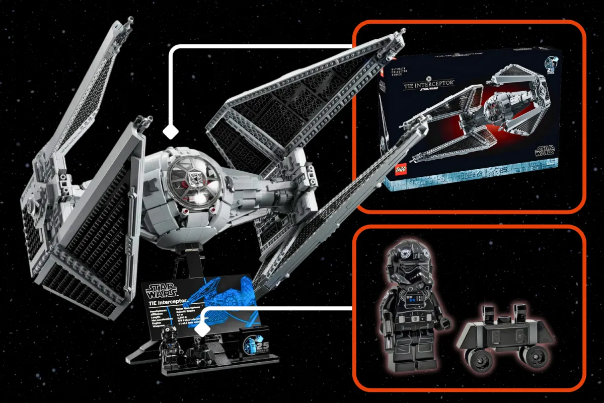 The LEGO UCS TIE Interceptor set, featuring a detailed build, box art, and minifigures of an Imperial pilot and mouse droid.