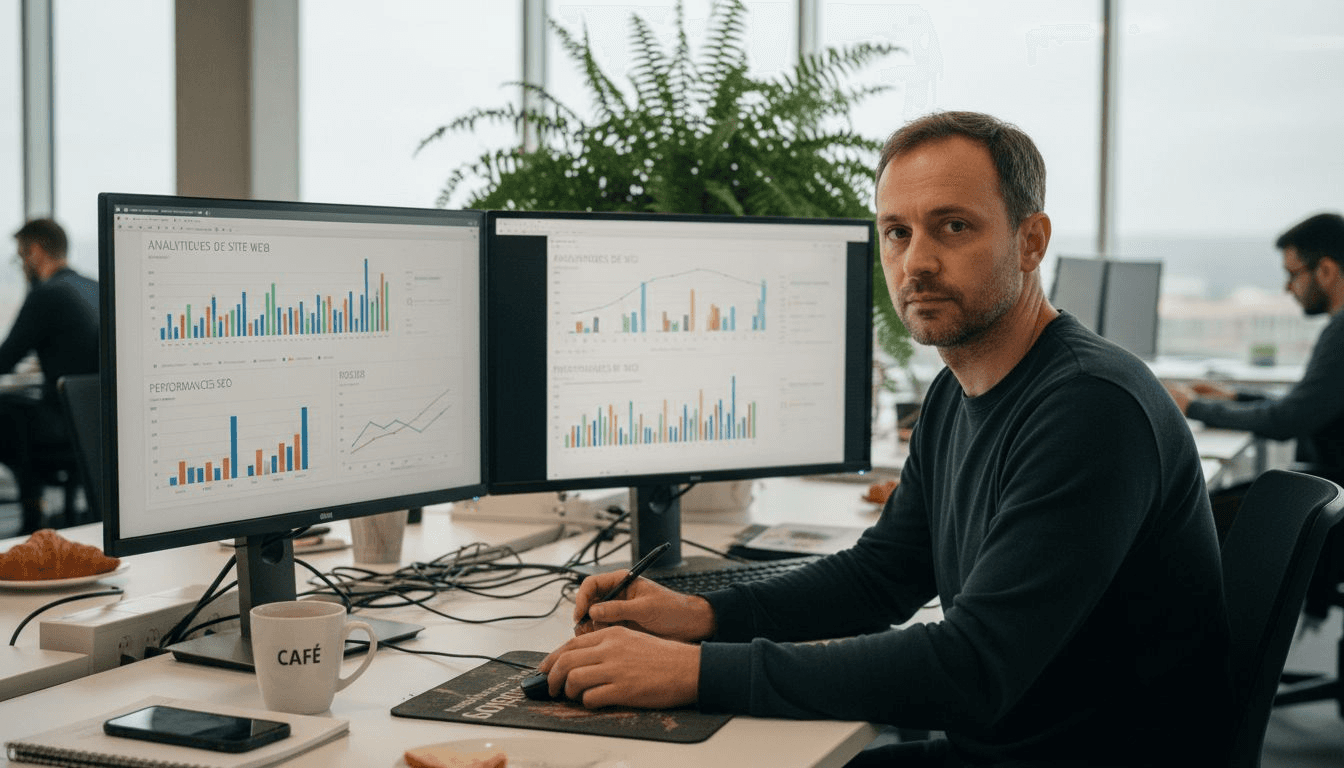 Un spécialiste du référencement passe en revue les données de performance de contenus affichées sur plusieurs écrans.