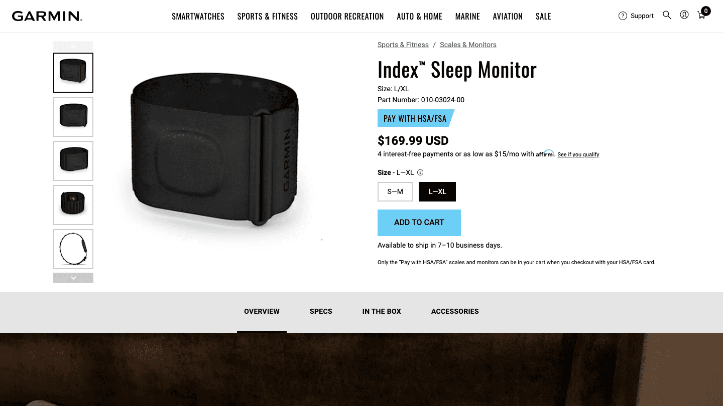 Garmin Index Sleep Monitor product page on garmin.com showing $169.99 price