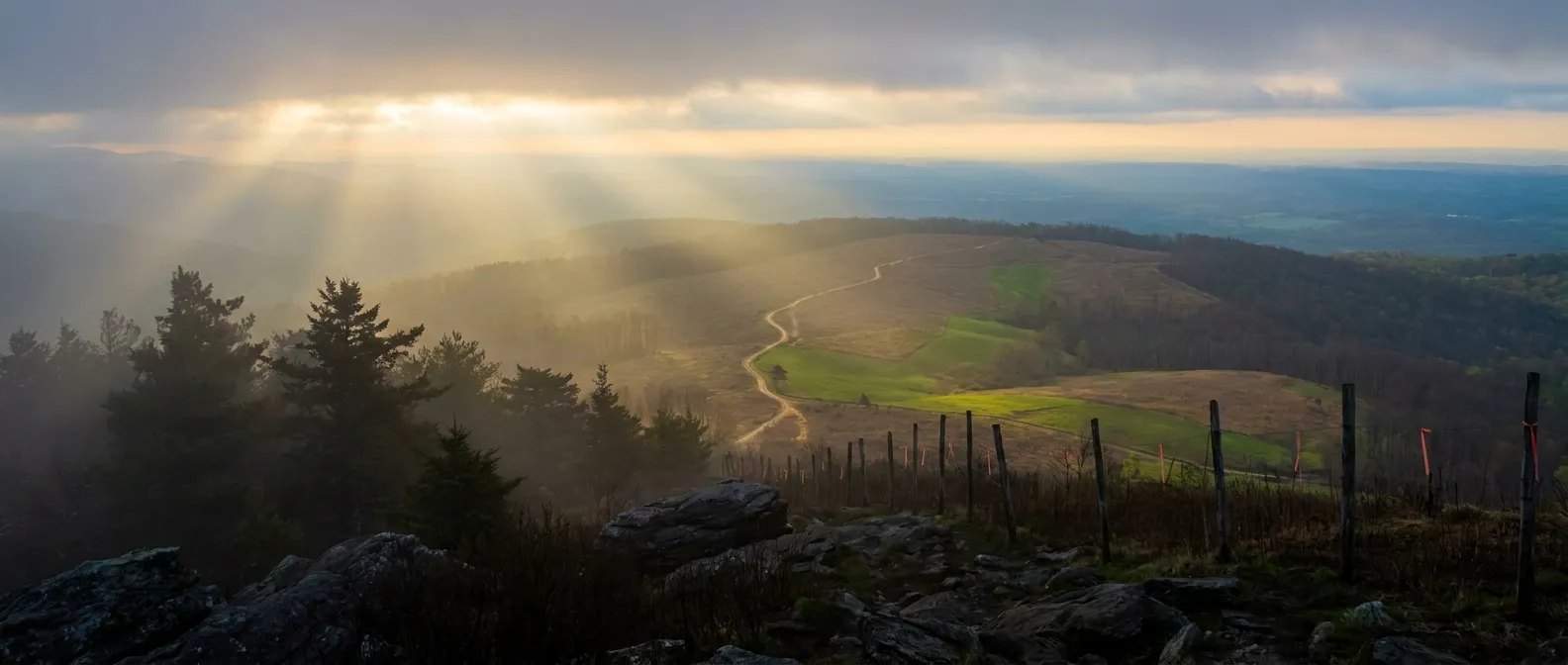 Sunrise over rolling hills and a winding path; RockN' Socials Digital Marketing.