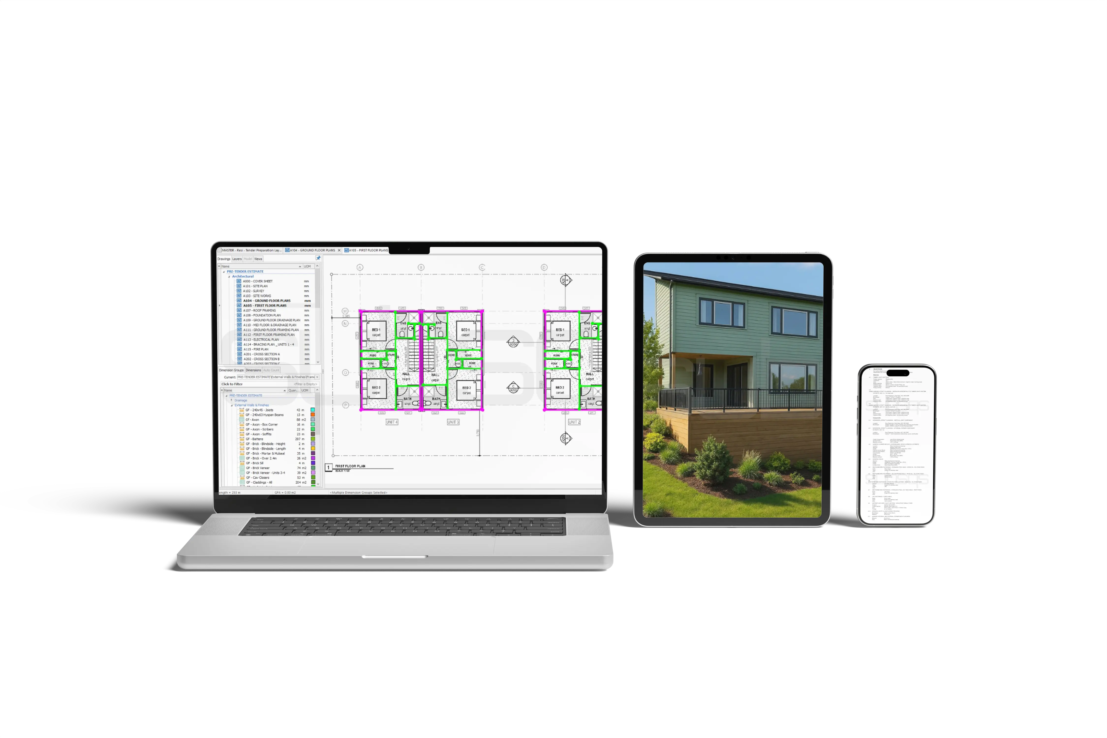 WebP Image shows 3 technology devices with documents for construction cost estimation by SubsQS Ltd