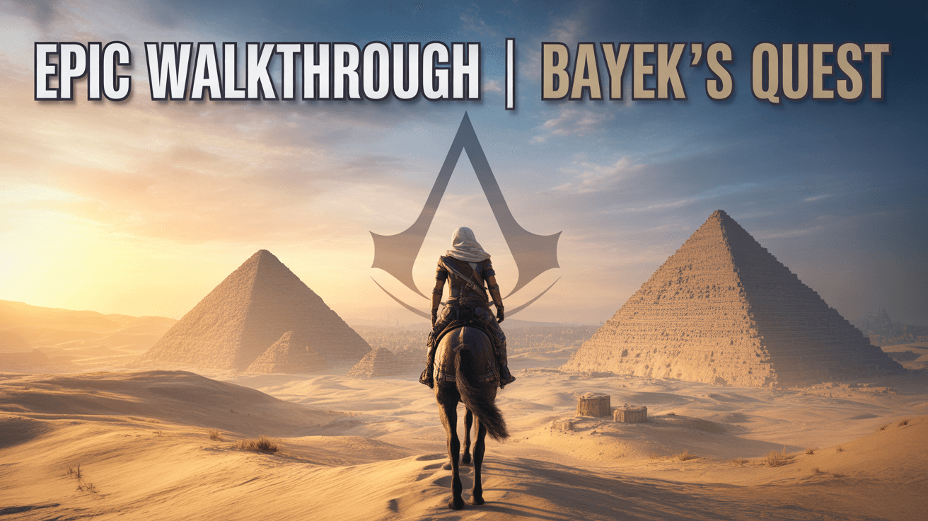 Bayek on horseback facing the pyramids with Epic Walkthrough Bayeks Quest title at sunset