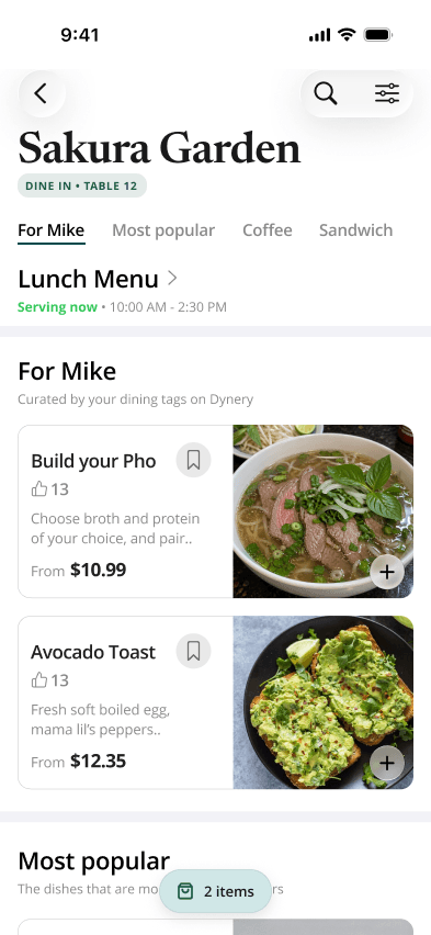 Dynery personalized menu with Newsreader title and current order actions
