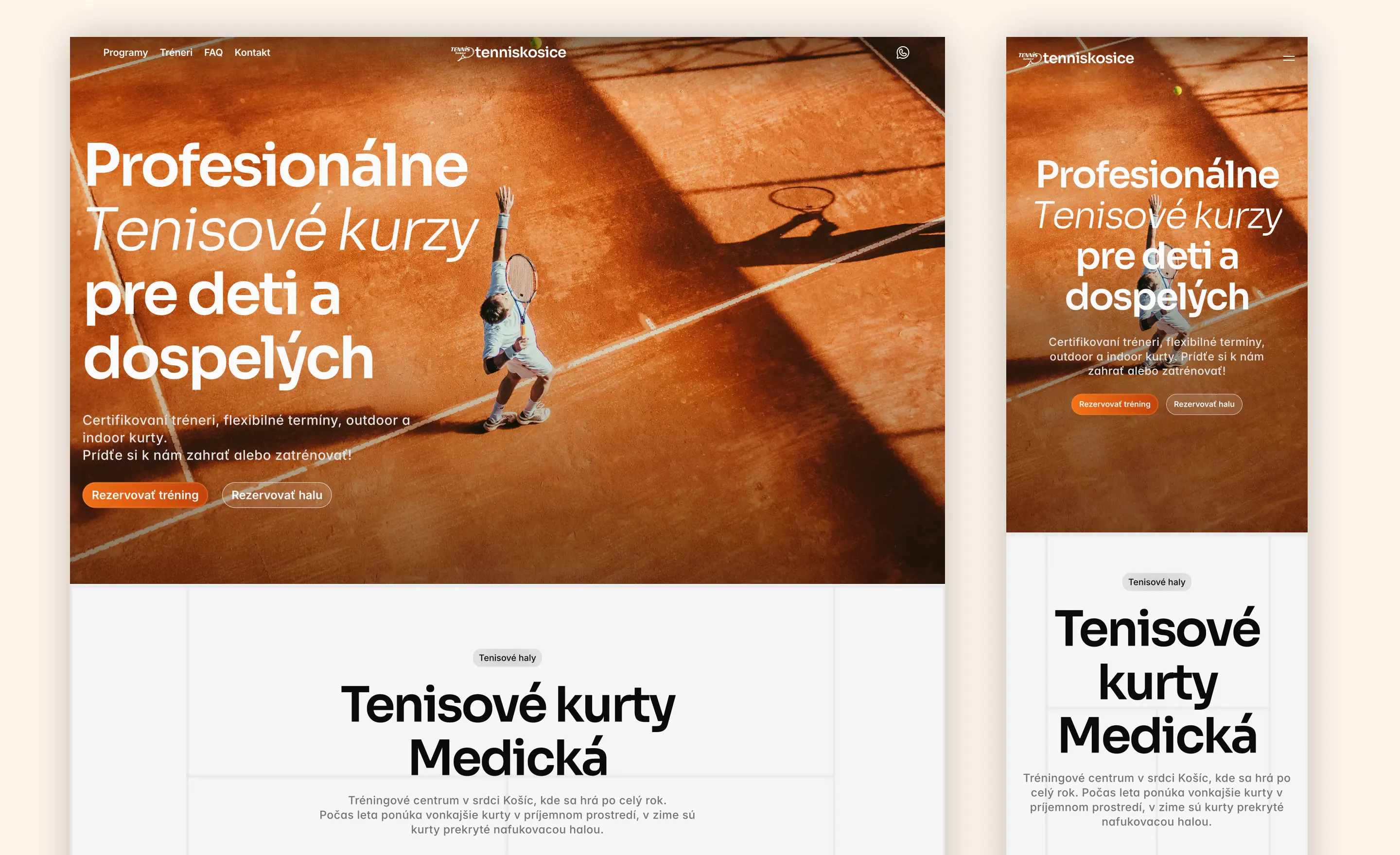 Responsive website design for a tennis academy showing the hero section for professional tennis courses on desktop and mobile layouts.