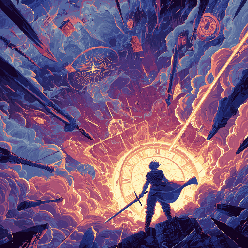 A hyper-stylized, Dragon Ball Z–inspired digital illustration showing a glowing armory suspended in midair — each weapon or item symbolizing a different tactical protocol (e.g. sword for clarity, shield for risk management, compass for vision, scroll for principles). A lone, battle-ready entrepreneur stands in front of the armory, glowing with kinetic energy, sweat dripping, faced with an urgent high-stakes decision. The background is a storm of swirling energy and looming abstract threats (fractured clocks, shattered graphs, collapsing skyscrapers). Use intense color contrasts — luminescent reds, electric blues, radiant golds, and deep purples — to emphasize the tension and power in the moment. Cinematic lighting, high impact, manga-meets-sci-fi style, ultra-dynamic posing, motion lines, and a palpable sense of pressure.