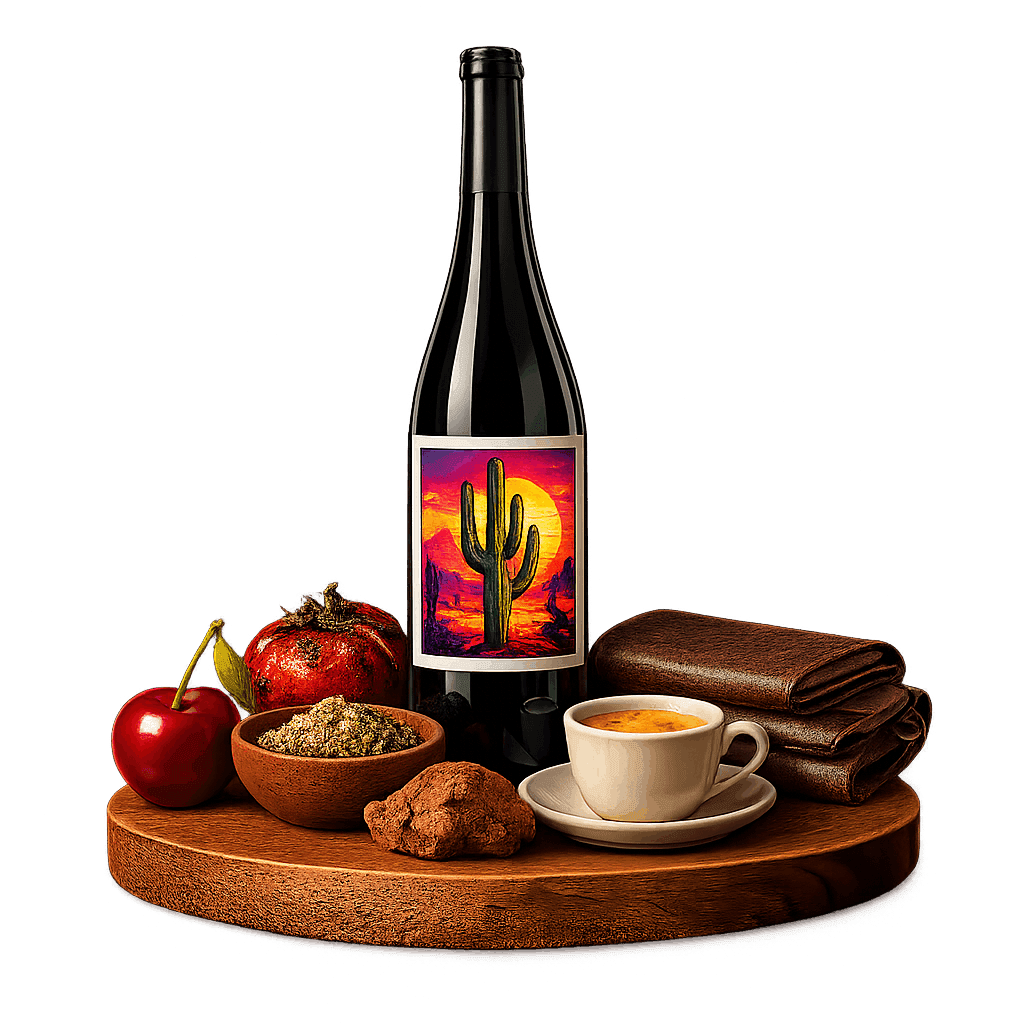 Artistic label and flavor profile for Arizona Sangiovese on a rustic wooden table.