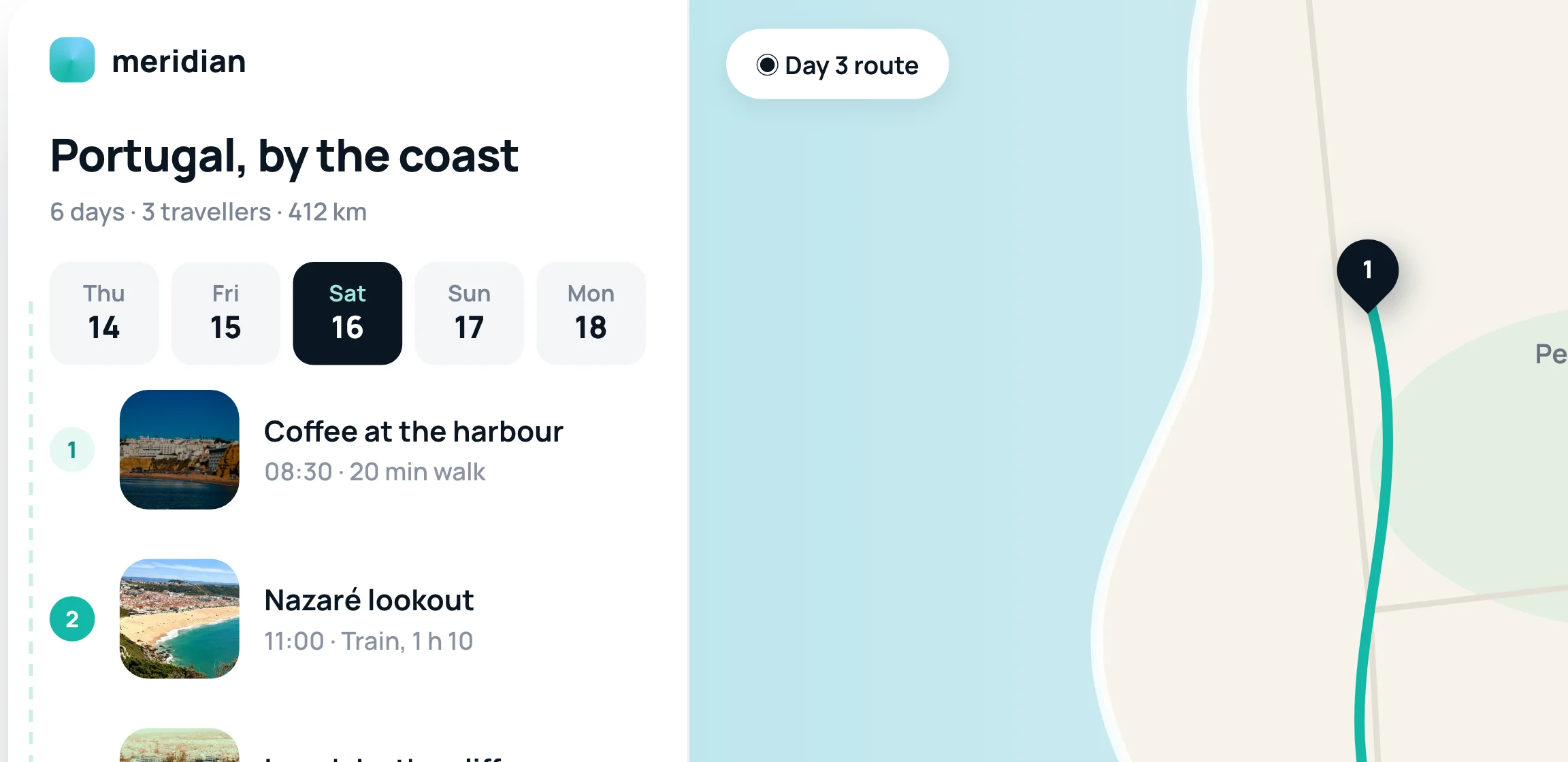 Map and day plan scroll together, so every stop has a place.