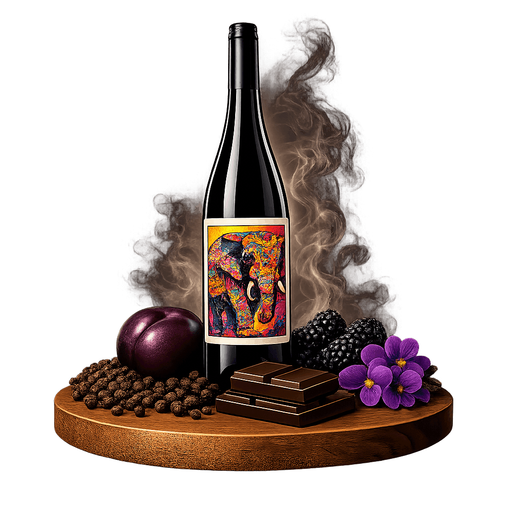 Artistic label and flavor profile for Indian Shiraz on a rustic wooden table.