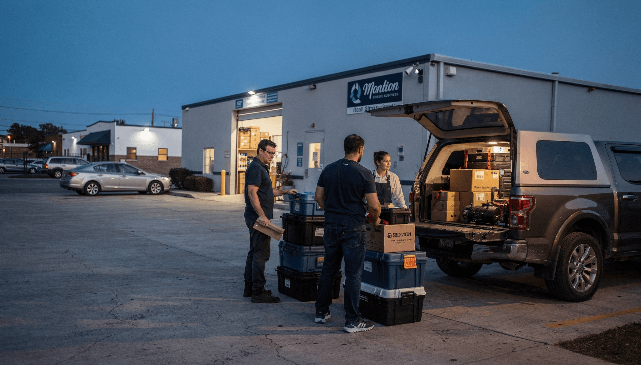 Team members unloading equipment from a vehicle, representing hands-on operations, logistics, and real-world business activity