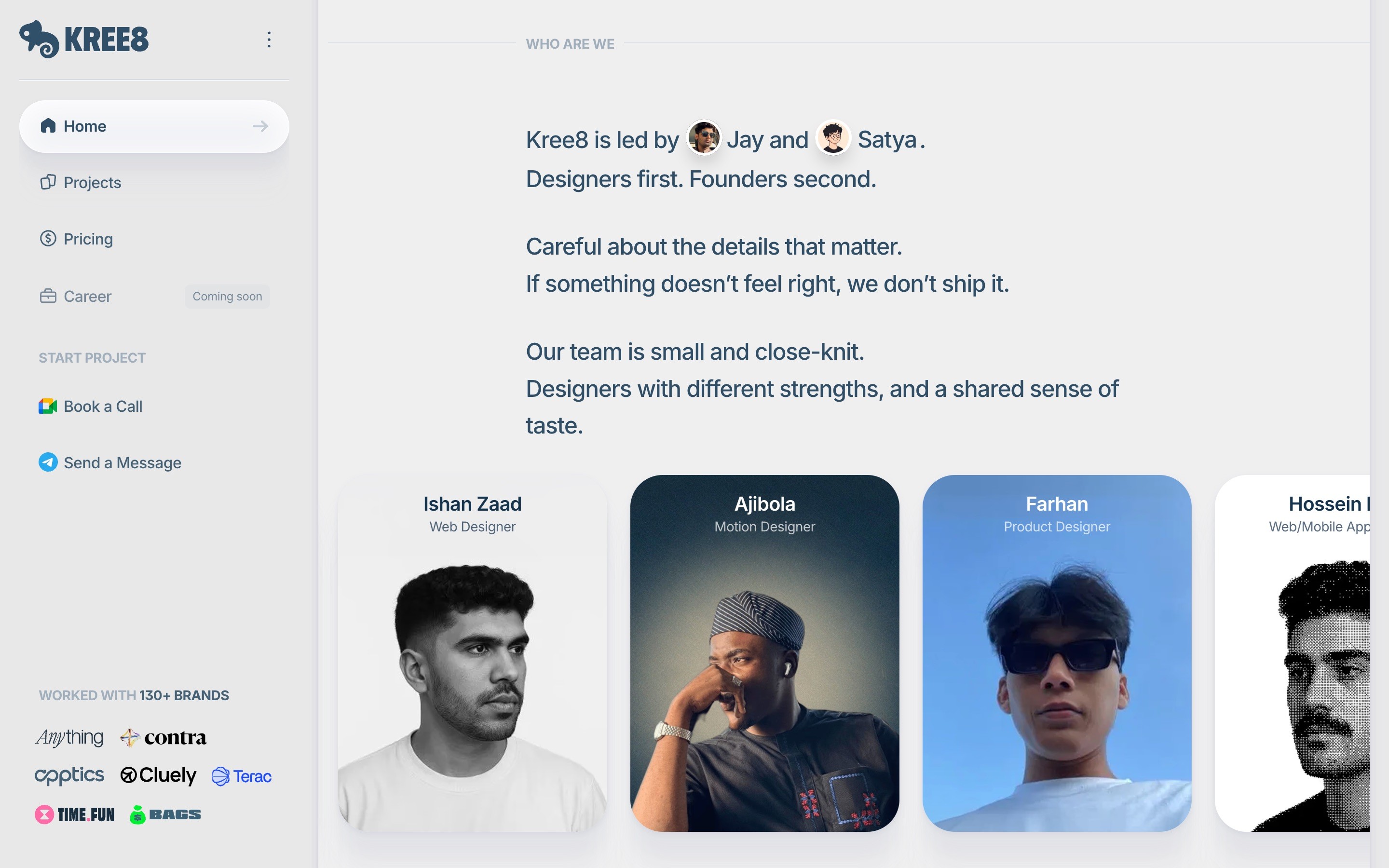 Team section of a website for Kree8, showing profiles of Ishan Zaad, Ajibola, and Farhan with role titles. Left sidebar features company logo.