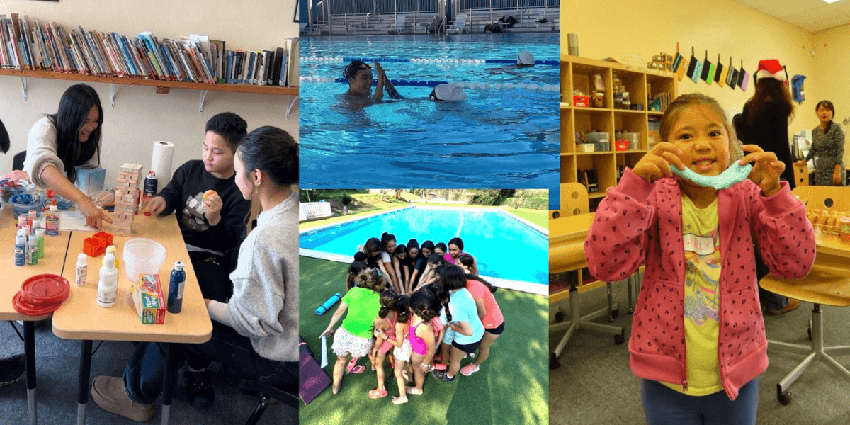 Tesserae Minds collage showing children participating in artistic swimming and community activities.