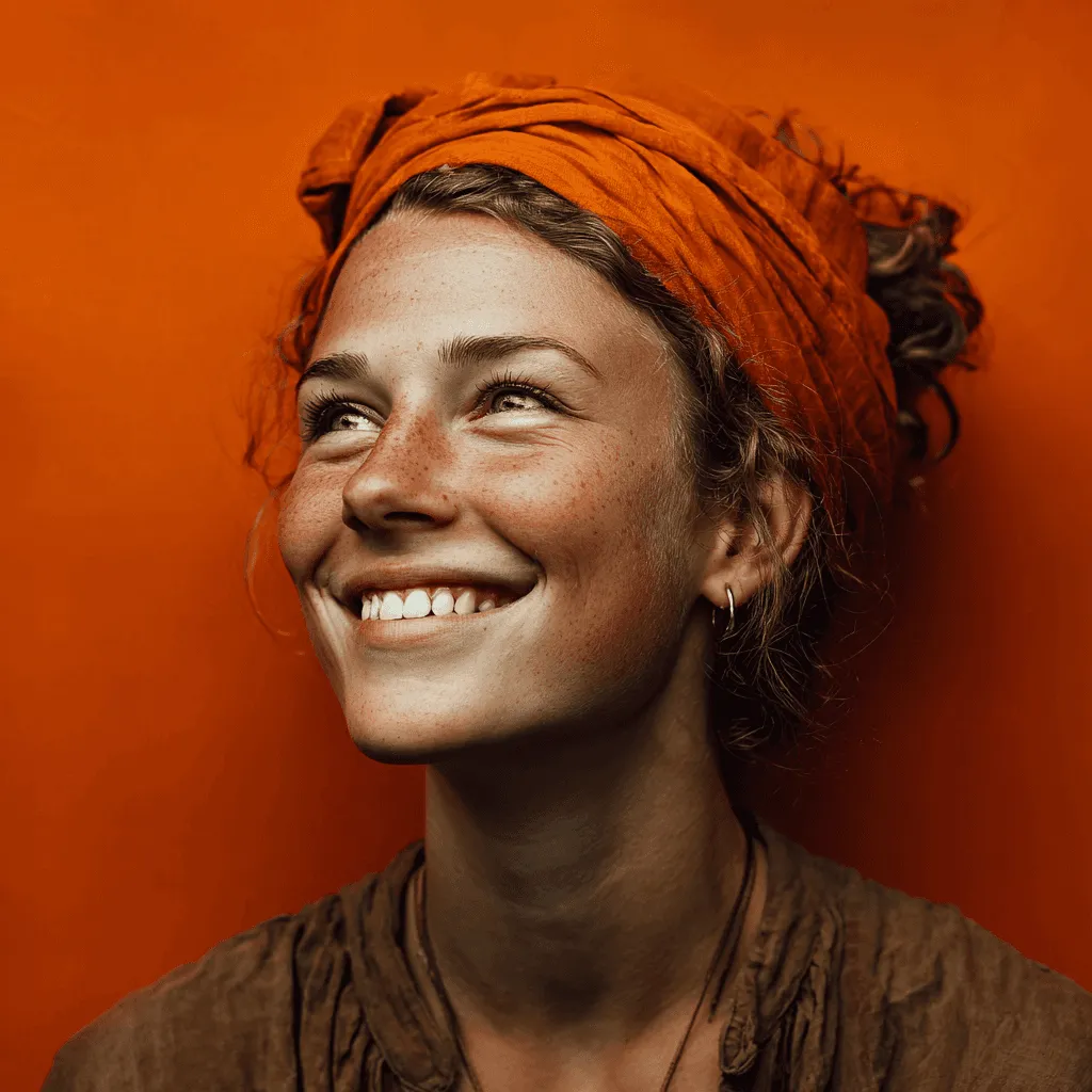 A happy customer smiling wearing orange headband