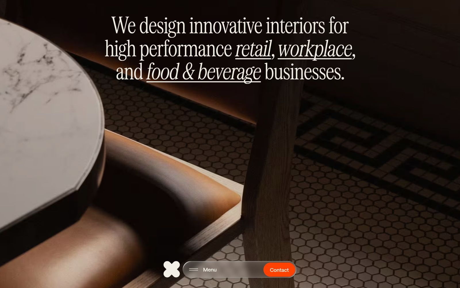 Elegant interior with hexagonal tiles and wooden chairs. Text reads: "We design innovative interiors for high performance retail,...
