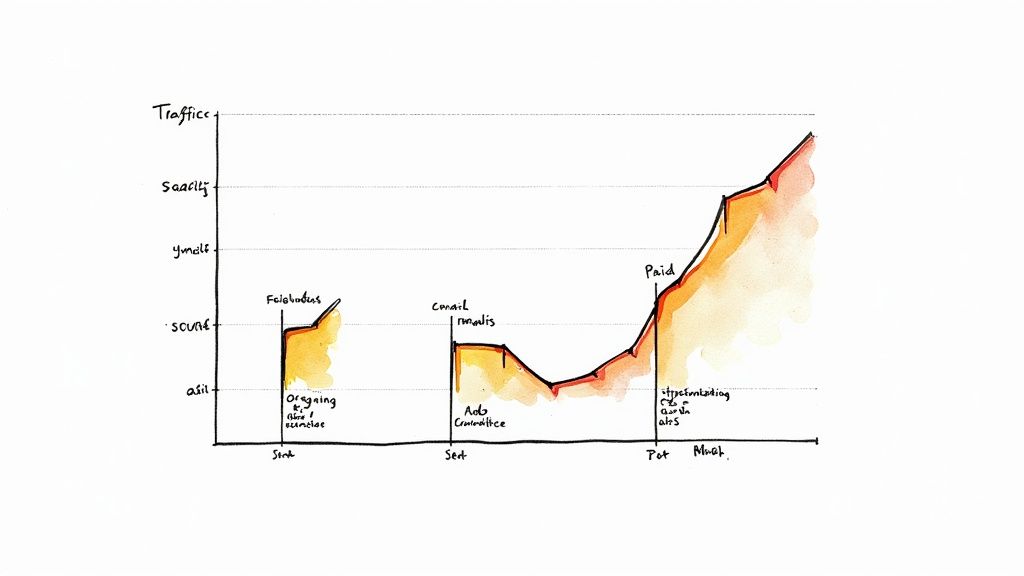 A digital marketing dashboard showing traffic sources like organic, social, and paid ads, with conversion rate charts for each.