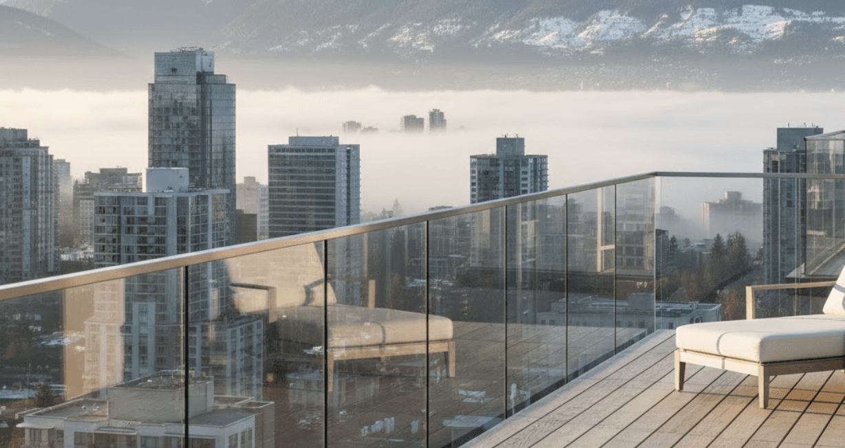 Standing on elevated townhouse deck looking through frameless glass railings, North Shore mountains with fresh snow in background, Vancouver cityscape below, early morning soft light, mist in valleys, clean modern aesthetic, architectural photography, emphasis on unobstructed mountain views