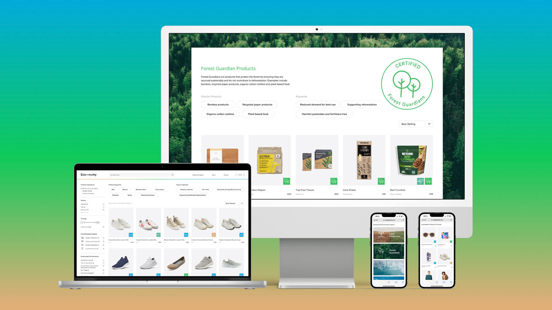 A computer screen displays the Eco-nomy webpage, which helps users search for sustainable products based on their environmental impacts. The design features a coastal map and icons representing various environmental categories, emphasizing the goal of promoting eco-friendly shopping.
