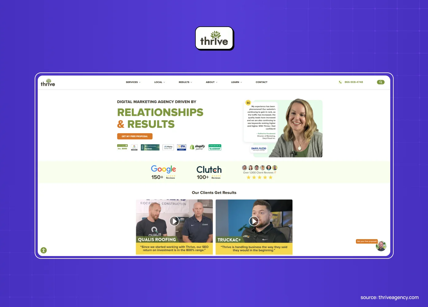 Thrive digital marketing agency website focused on relationships and results, featuring a testimonial, client logos, and customer success videos.