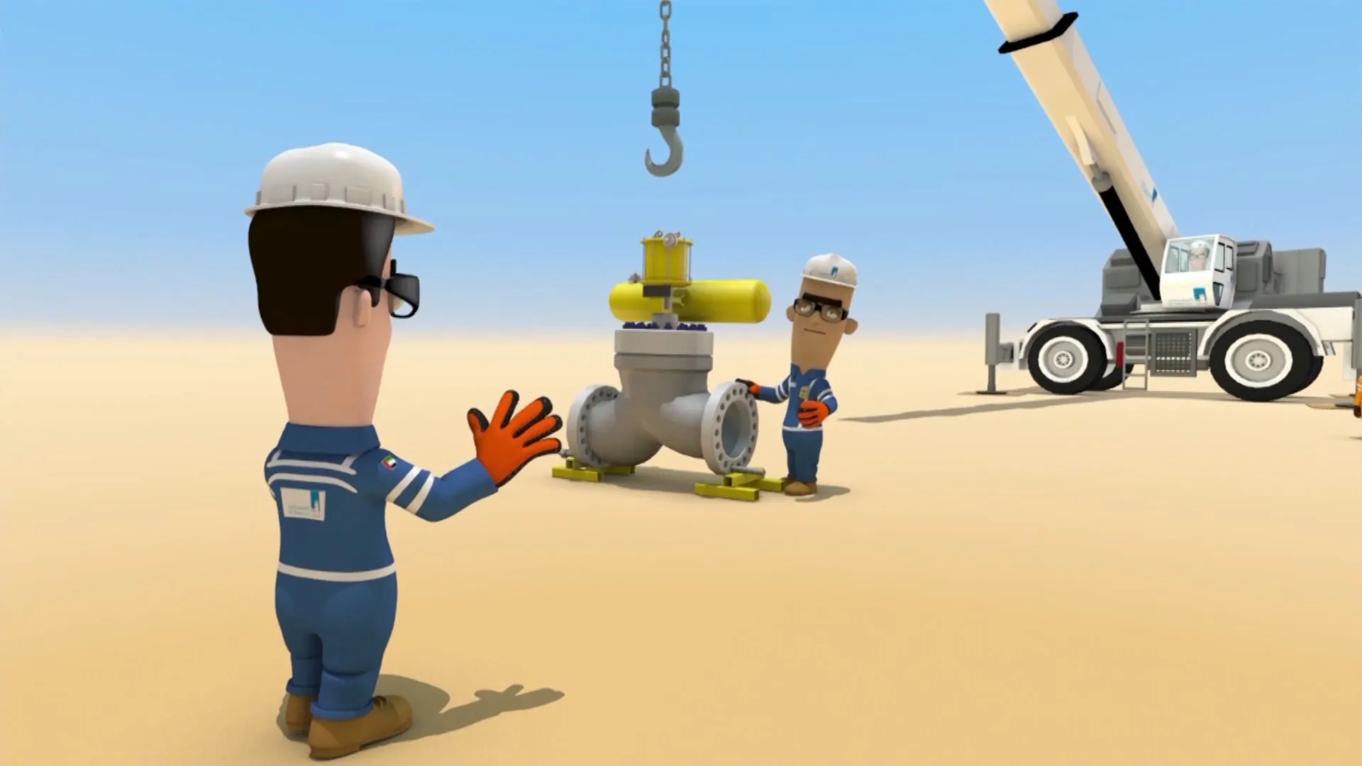 cartoon character gesturing to other character in safety training animation for alhosn elearning