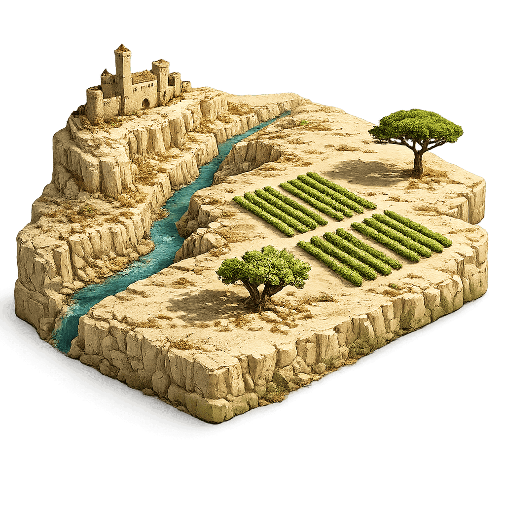 Artistic illustration of the Ribera del Duero wine region.