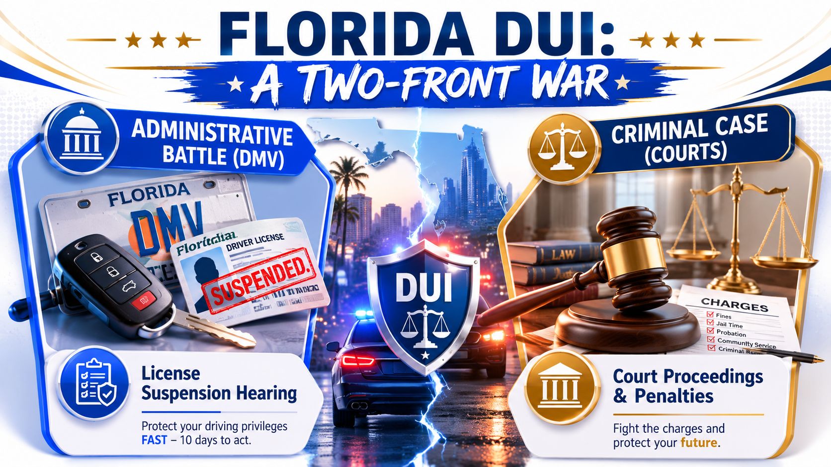 A visual representation of a Florida DUI case involving an administrative DMV battle and criminal court proceedings.