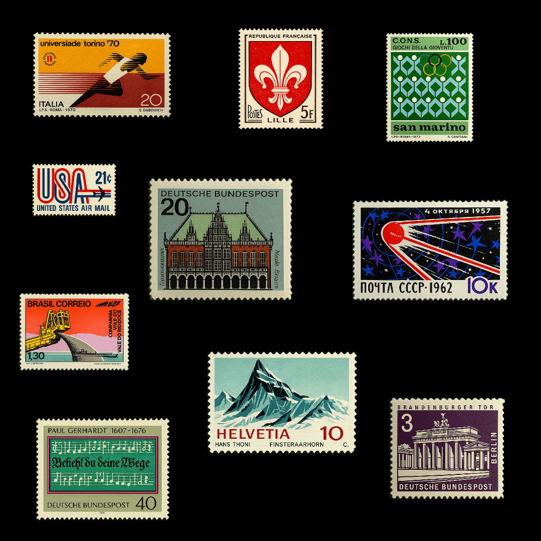 Collection of colorful vintage postage stamps on a black background featuring travel, architecture, space, and graphic design themes