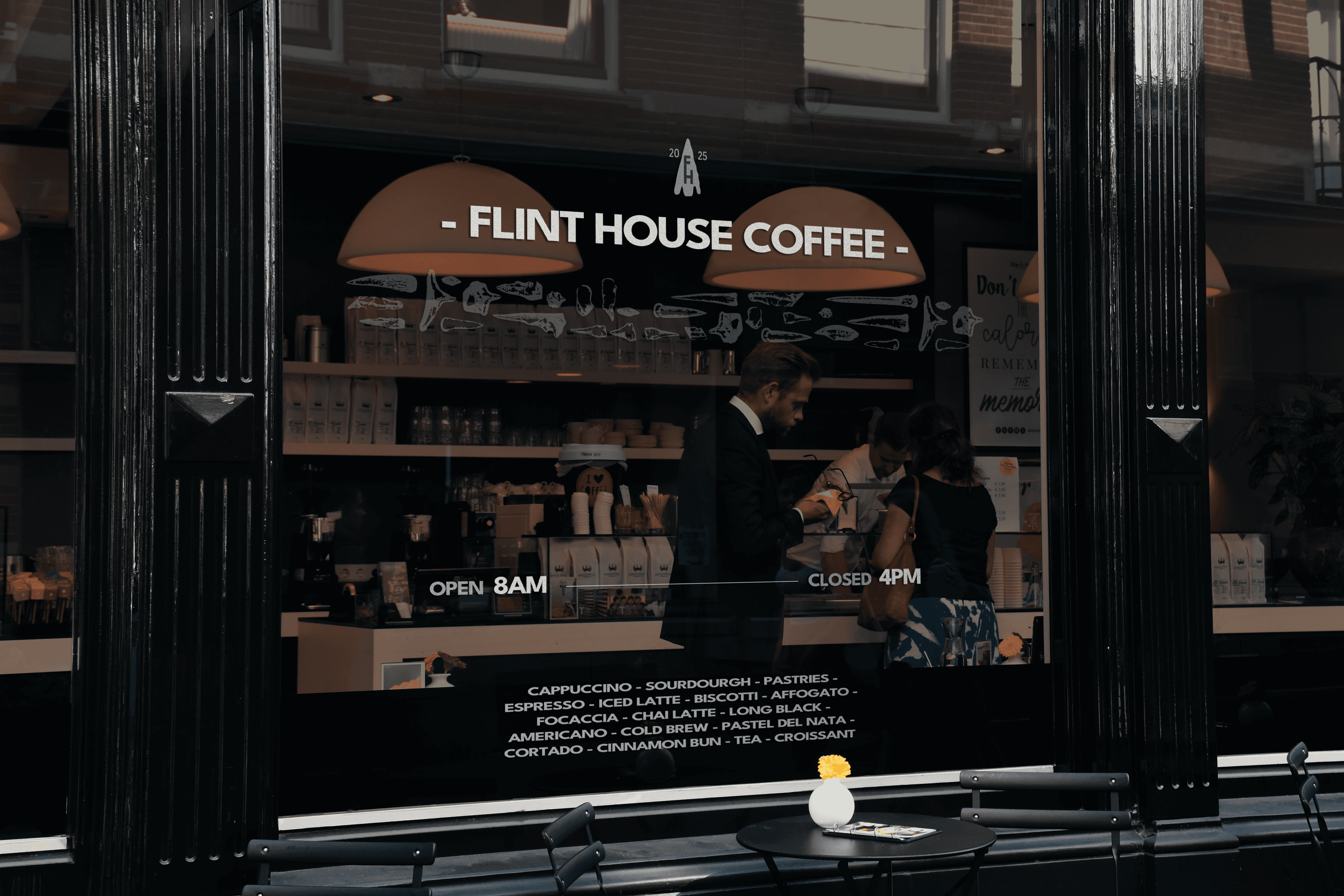 Flint house coffee logo printed on glass on cafe