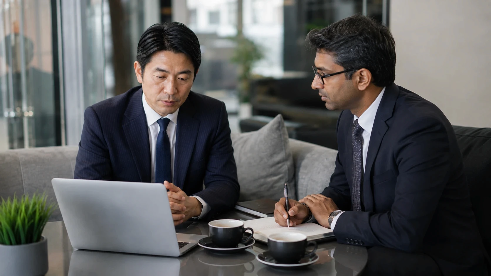 Senior operators in focused discussion over a laptop, planning execution priorities