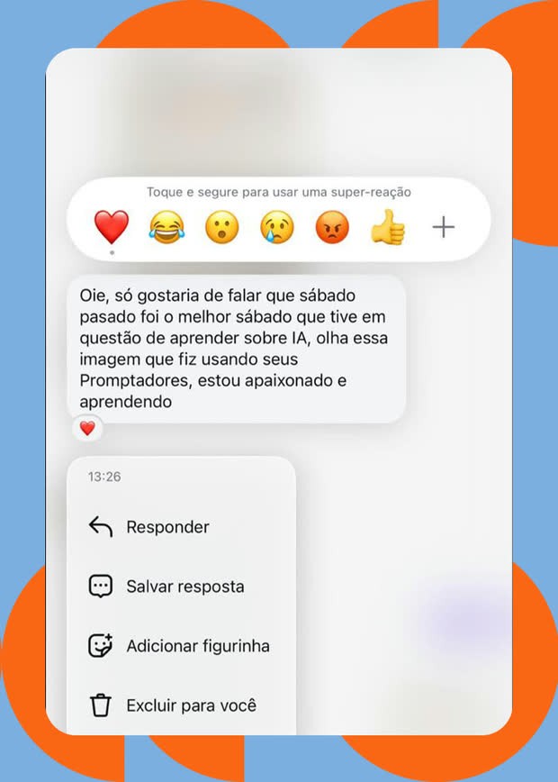 Mensagem de aluno: o sábado do workshop foi o melhor que ele teve aprendendo sobre IA, e ele manda uma imagem que fez usando os promptadores.
