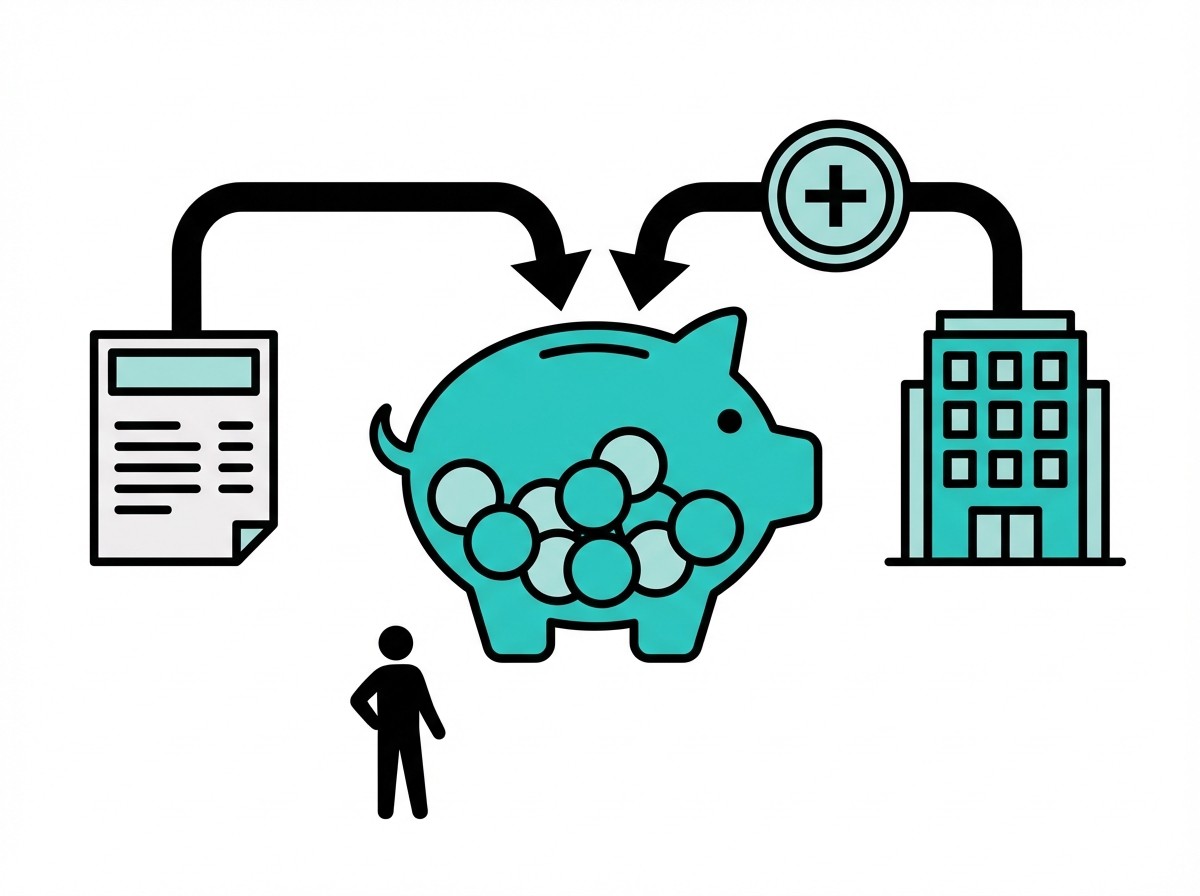 Grafik: Pfeile führen von einem Dokument und einem Gebäude mit Plus-Symbol in ein gefülltes Sparschwein. Daneben steht eine Person.