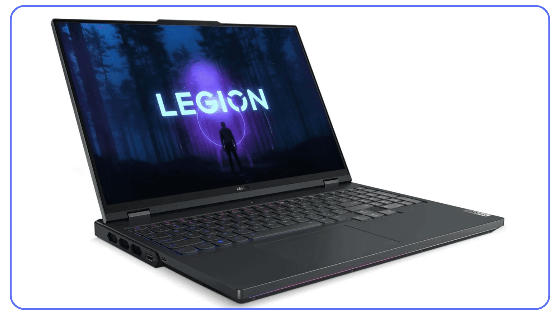 Lenovo Legion Pro 5 laptop with glowing Legion logo and dark forest wallpaper